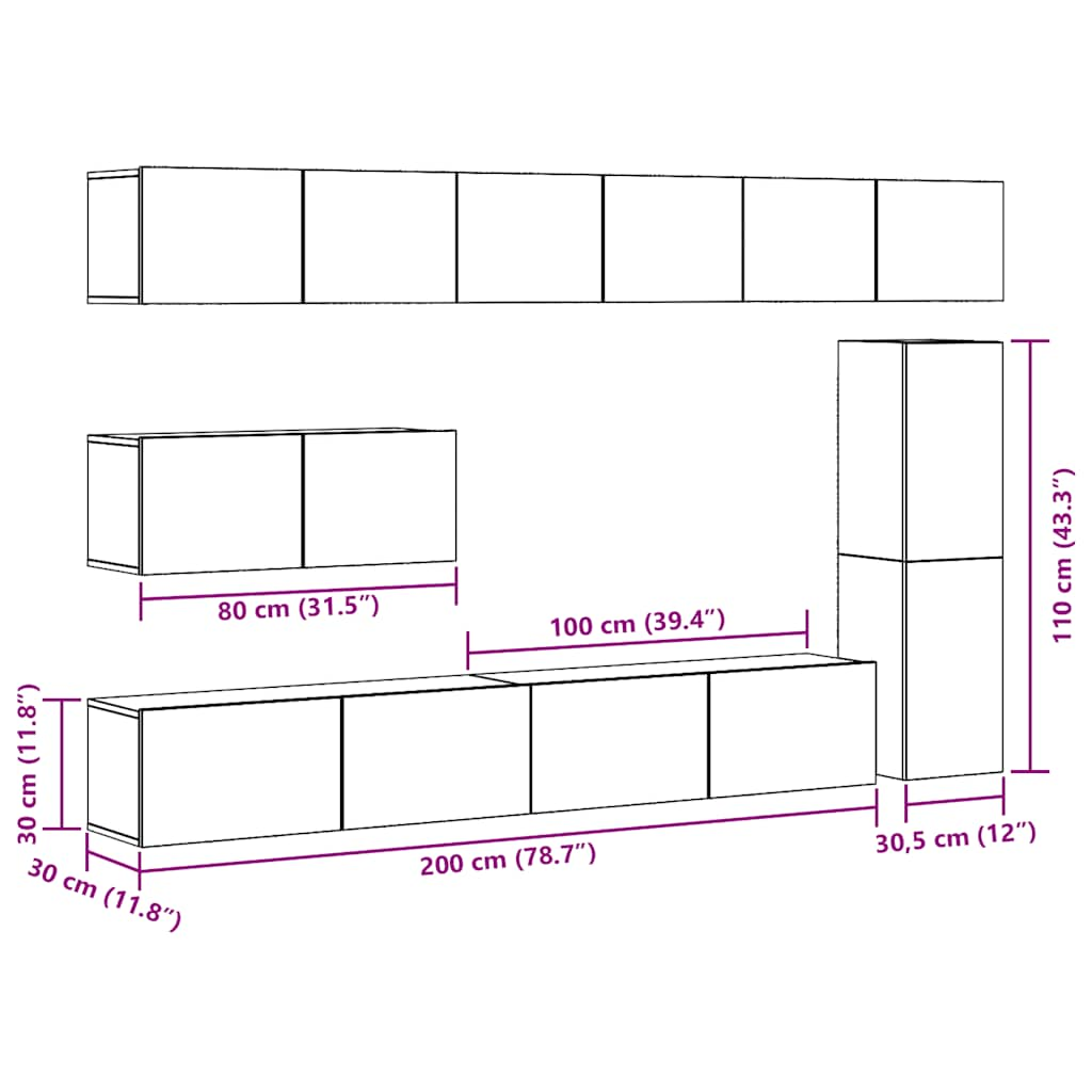 Set Mobile TV 7 pz Montato a Parete Legno Antico in Truciolato - homemem39