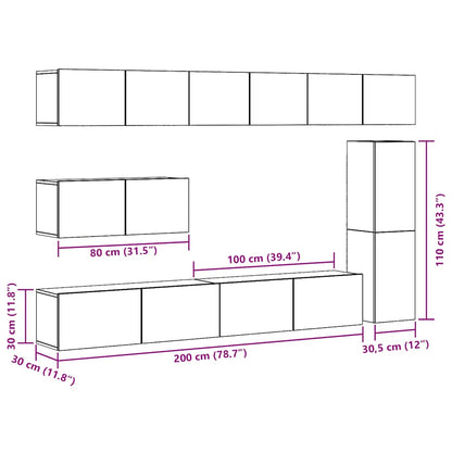 Set Mobile TV 7 pz Montato a Parete Legno Antico in Truciolato