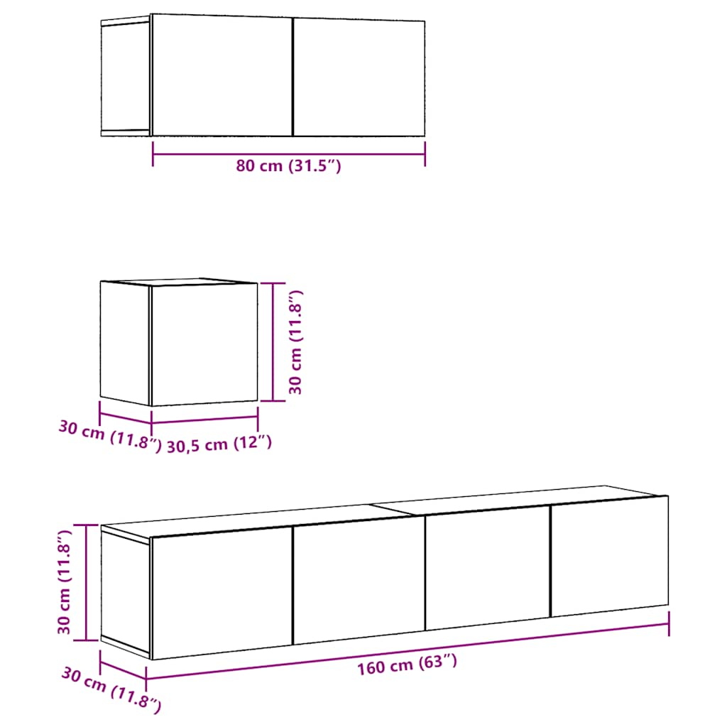 Set Mobile TV 4 pz Montato a Parete Legno Antico in Truciolato