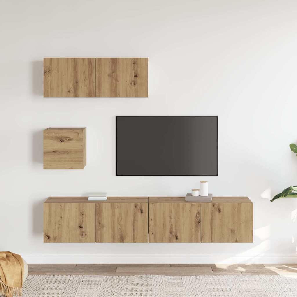Set Mobile TV 4 pz Montato a Parete Rovere in Legno Multistrato