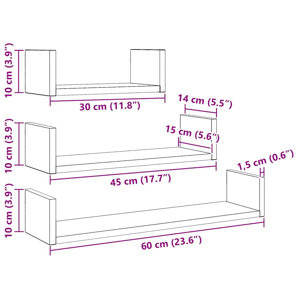 Mensole Parete 3pz Rovere Nero in Legno Multistrato | homemem39
