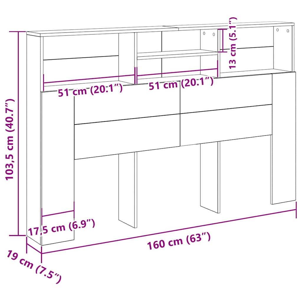 Testata del letto con testiera Rovere nero 160 x 19 x 103.5 cm