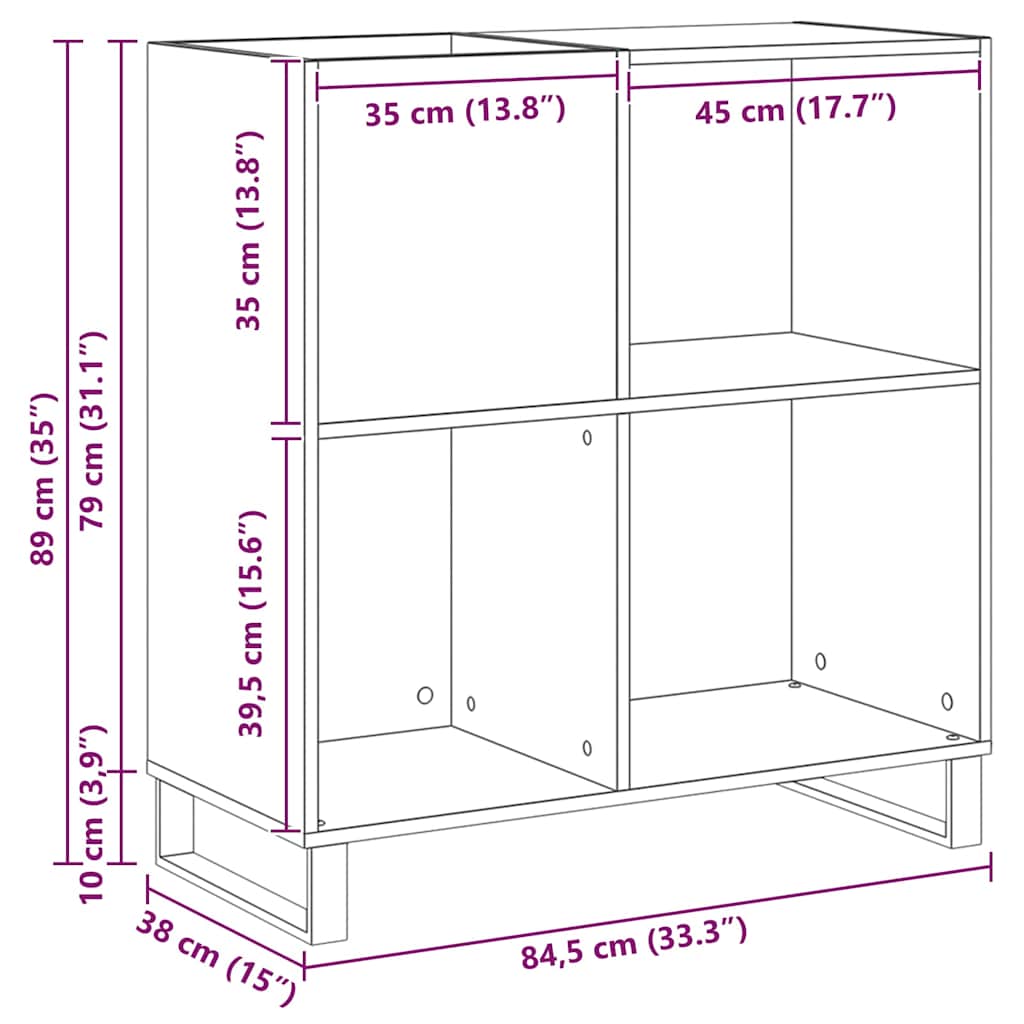 Mobile porta vinili con lo scaffale Rovere nero 85 x 38 x 89 cm