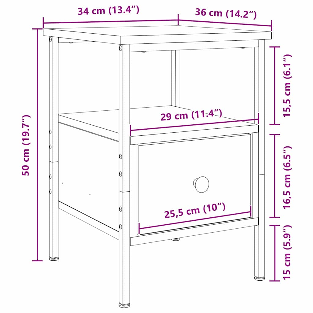 Mobiletto da Notte con cassetto Rovere nero 34 x 36 x 50 cm
