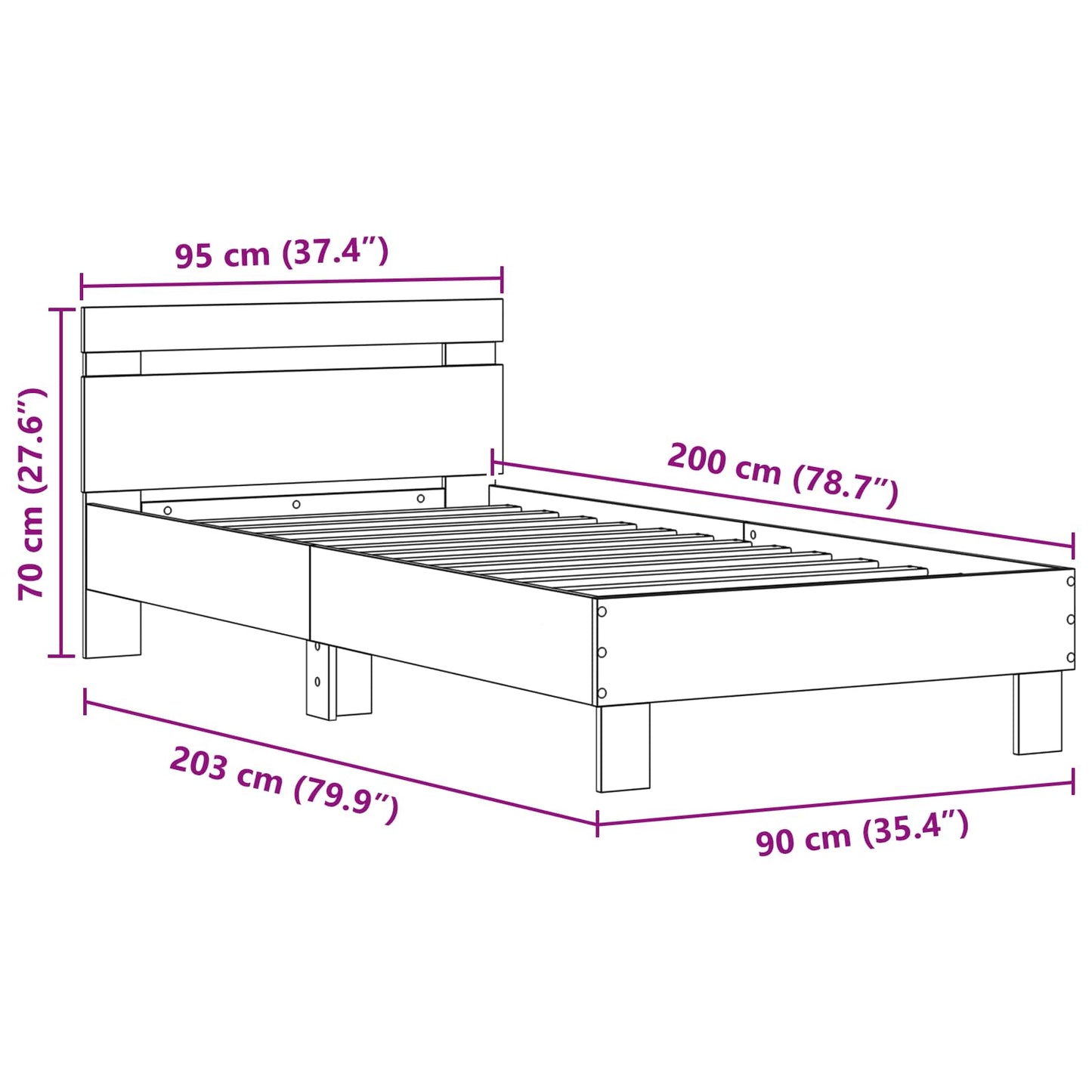 Struttura del letto Rovere Nero 90 x 200 cm Legno multistrato | homemem39