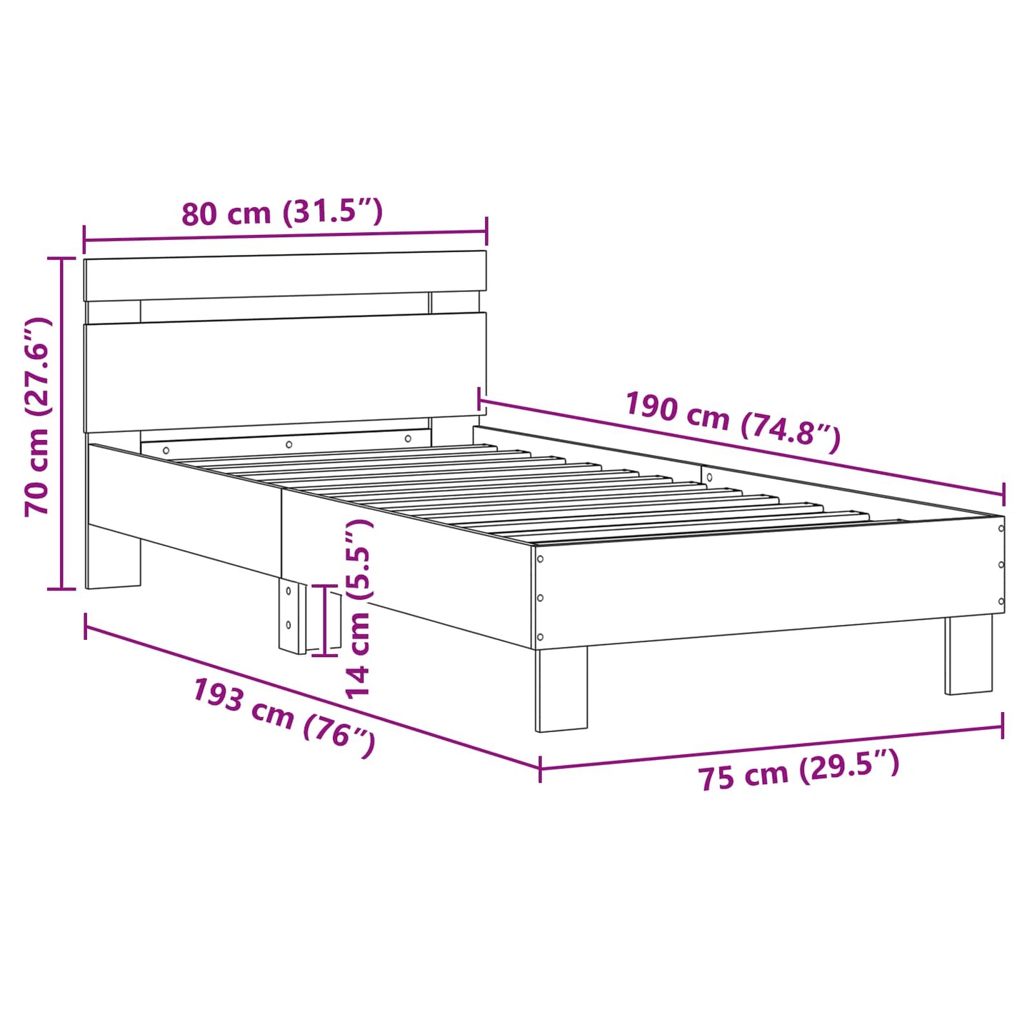 Struttura del letto con testiera Rovere artigianale 75 x 190 cm | homemem39