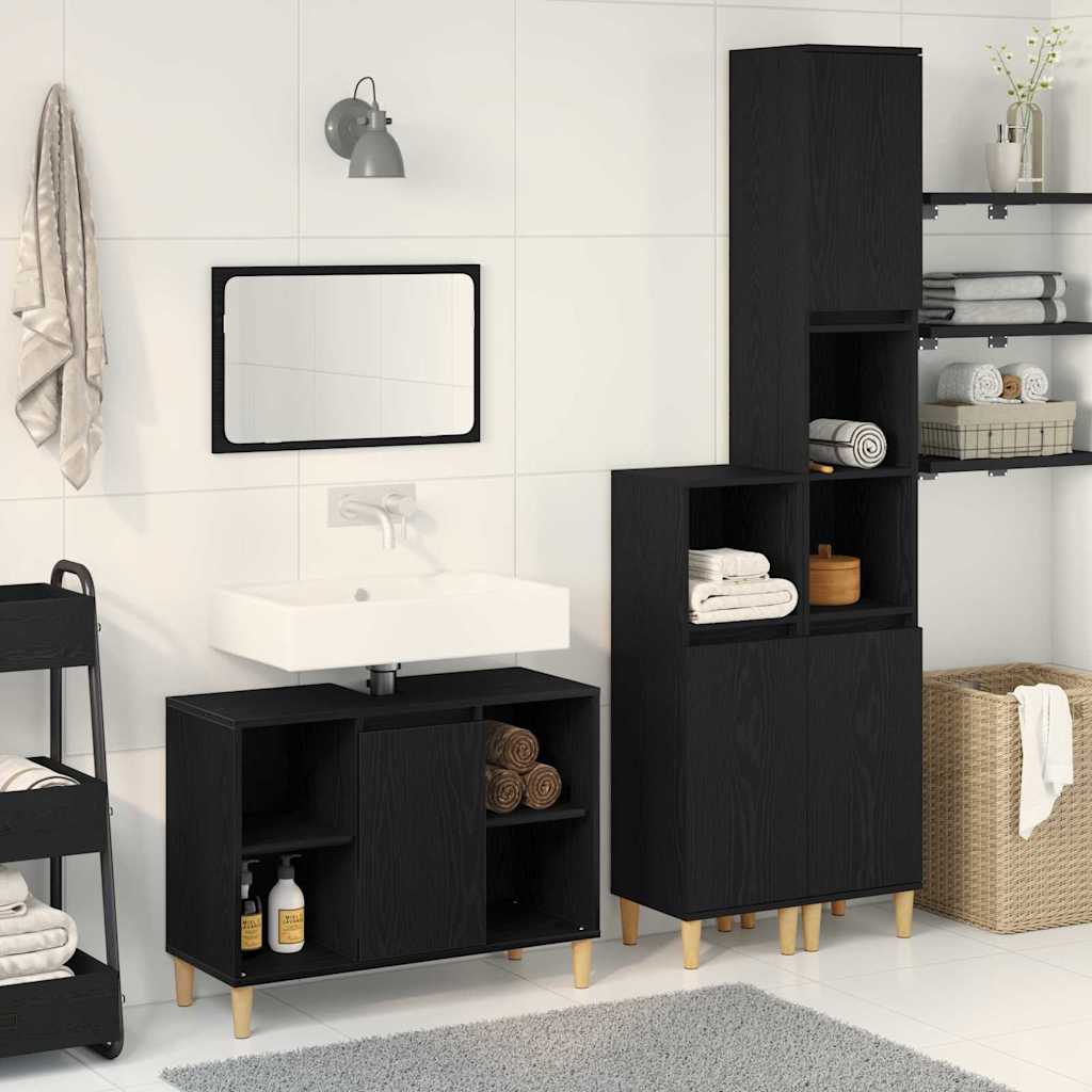 Set di mobili per il bagno 3 pcs Nero Legno multistrato | homemem39