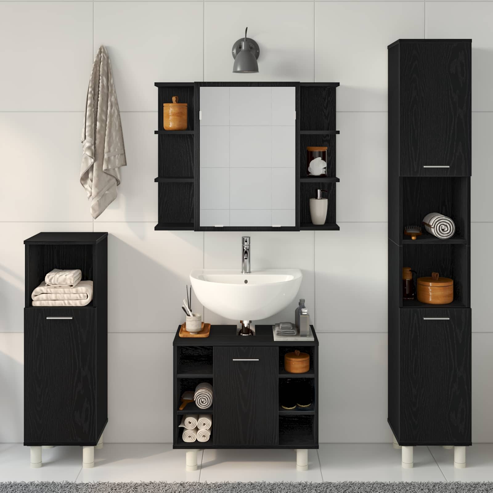 Set di mobili per il bagno 4 pcs Nero 30 x 30 x 179,5 cm | homemem39