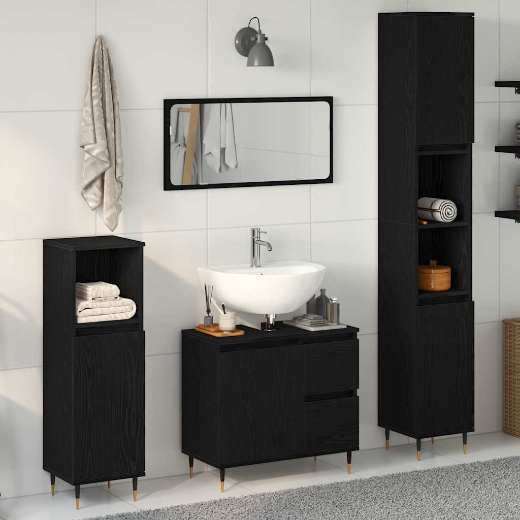 Set di mobili per il bagno 3 pz Rovere Nero 30 x 30 x 190 cm | homemem39