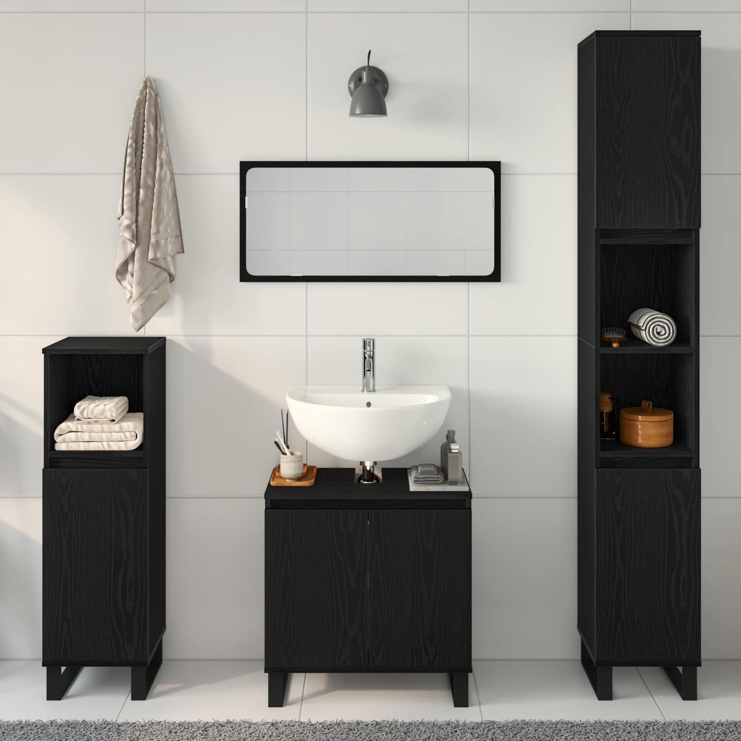Set di mobili per il bagno Montaggio a parete 3 pcs Rovere Nero | homemem39