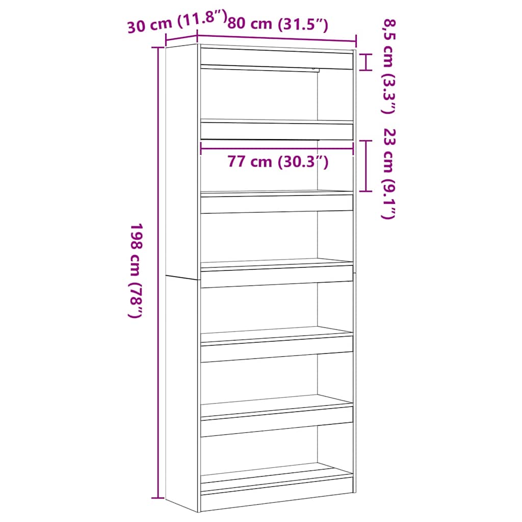 Armadio per Libri 6 livelli 80 x 30 x 198 cm Rovere fumé | homemem39