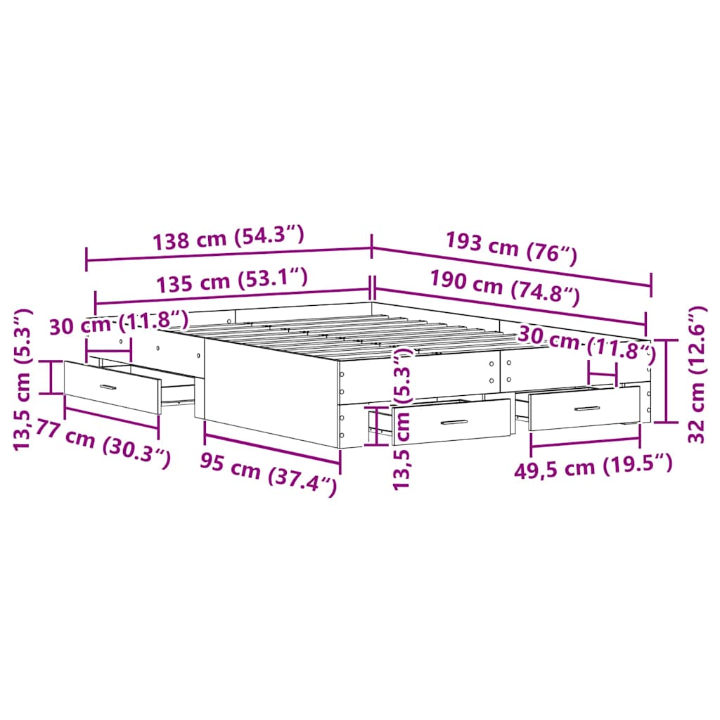 Struttura del letto Rovere Nero 135 x 190 cm Legno multistrato