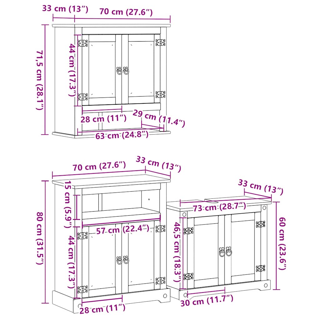 Set Mobili da Bagno 3 pz Corona in Legno Massello di Pino | homemem39