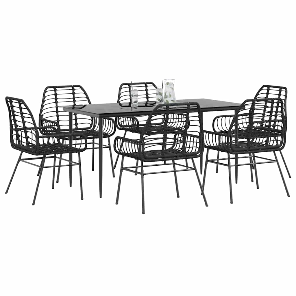 Set Pranzo da Giardino 7 pz Nero Polyrattan Vetro