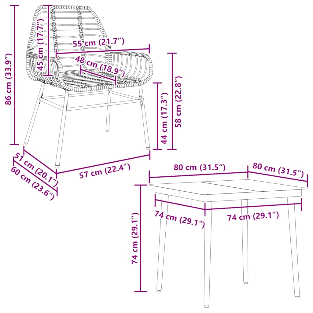 Set da Pranzo da Giardino 3 pz Marrone in Polyrattan Vetro