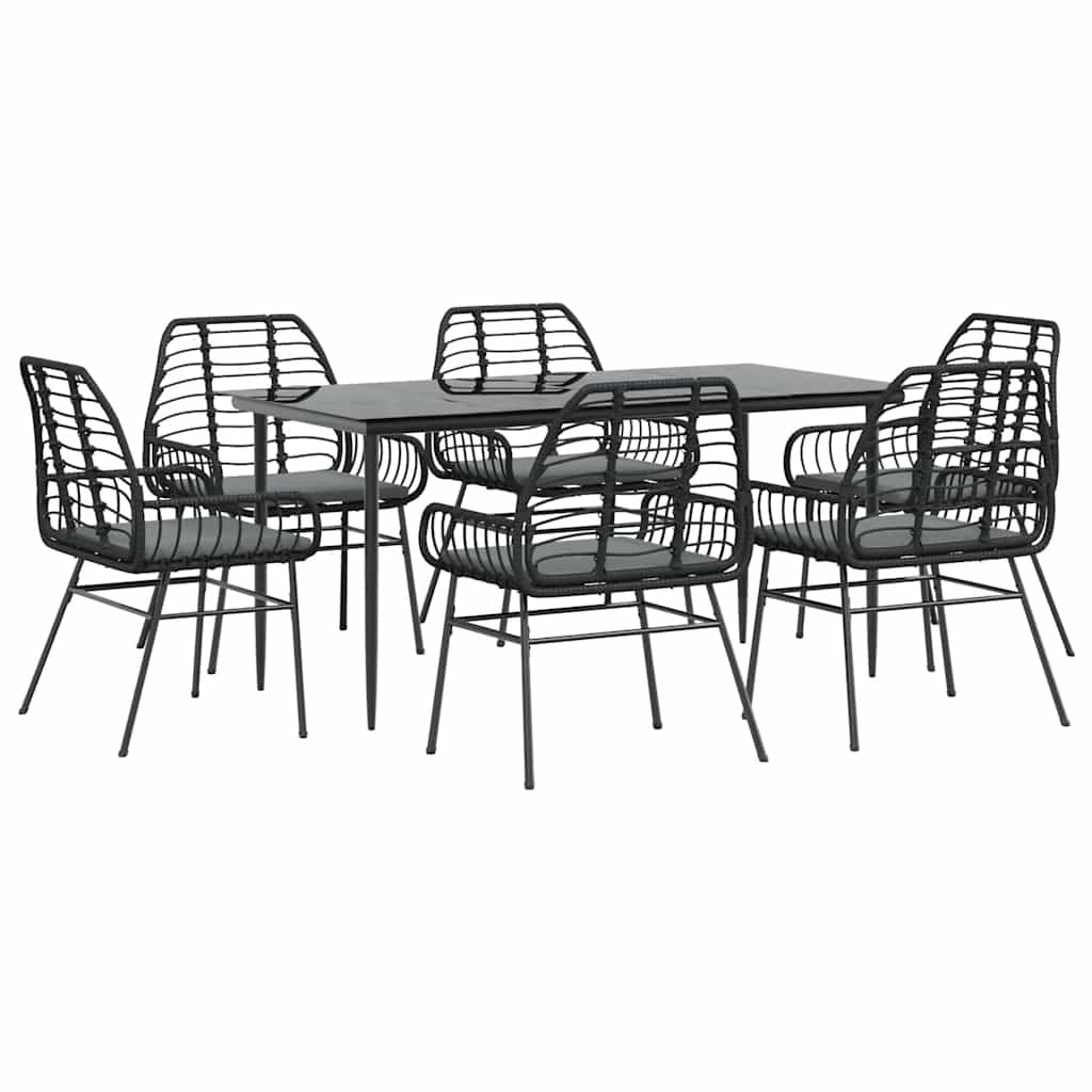 Set Pranzo da Giardino 7 pz Nero con Cuscini Polyrattan Vetro