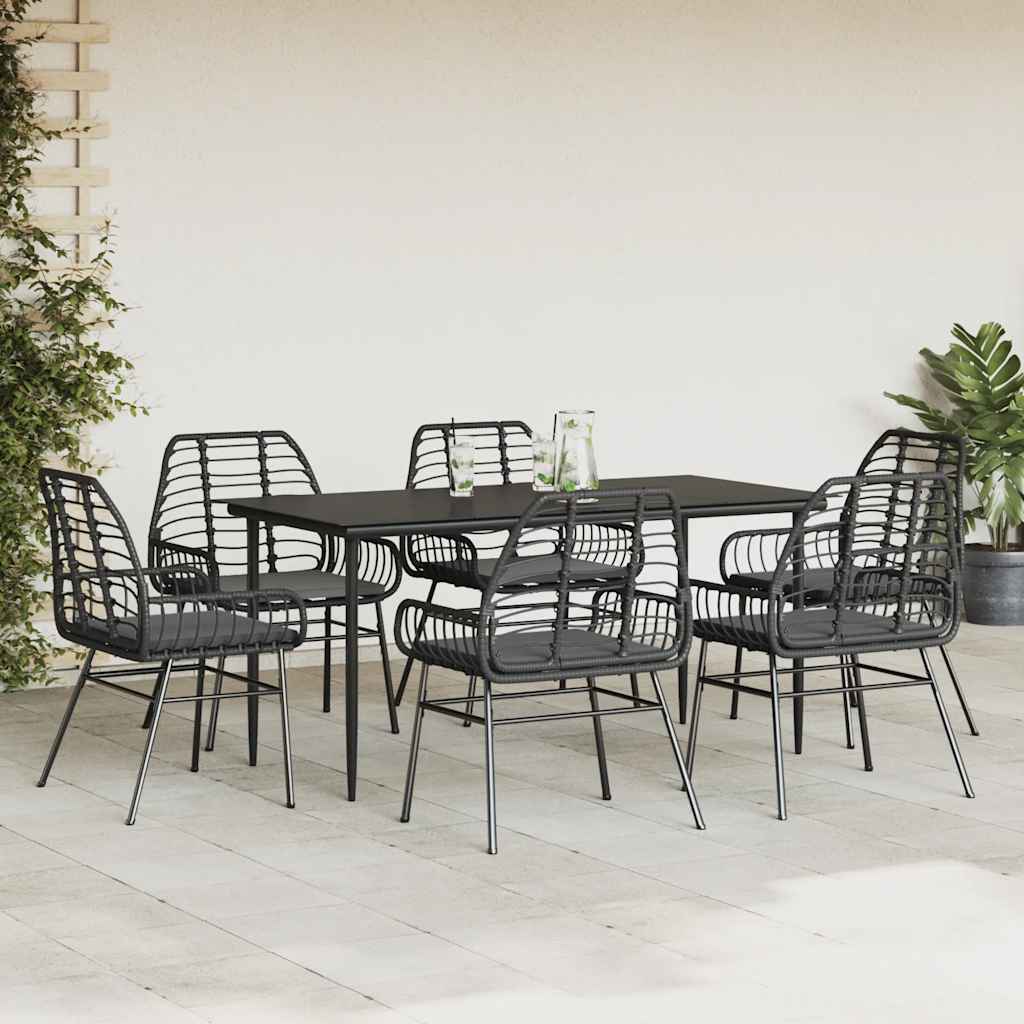 Set Pranzo da Giardino 7 pz Nero con Cuscini Polyrattan Vetro