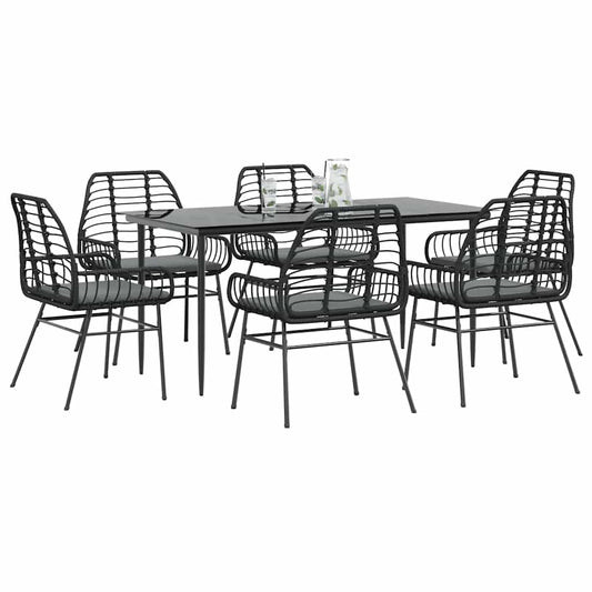 Set Pranzo da Giardino 7 pz Nero con Cuscini Polyrattan Vetro