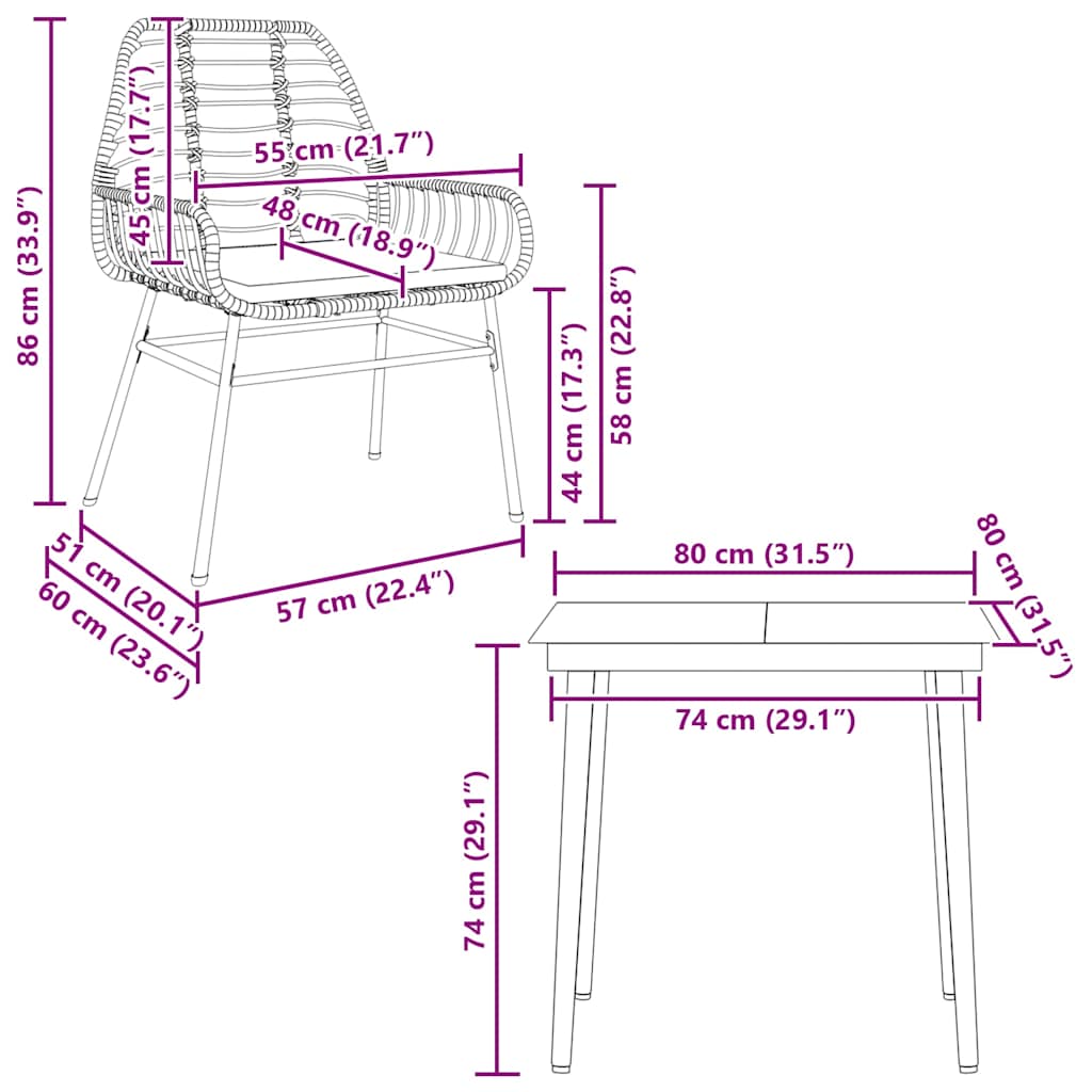 Set da Pranzo da Giardino 3pz con Cuscini Polyrattan Vetro