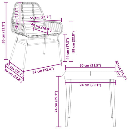Set da Pranzo da Giardino 3pz con Cuscini Polyrattan Vetro