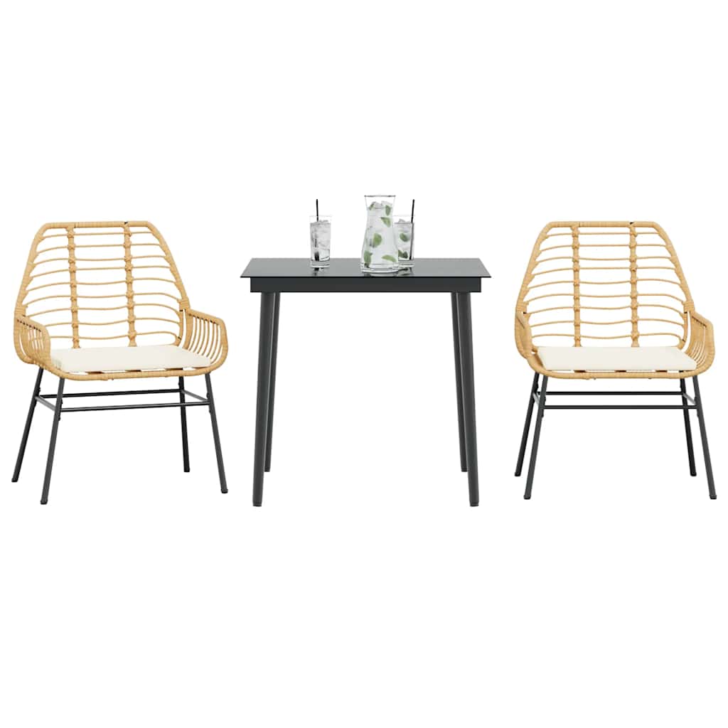 Set da Pranzo da Giardino 3pz con Cuscini Polyrattan Vetro