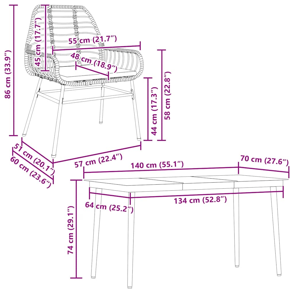Set da Pranzo da Giardino 5pz con Cuscini Polyrattan Vetro