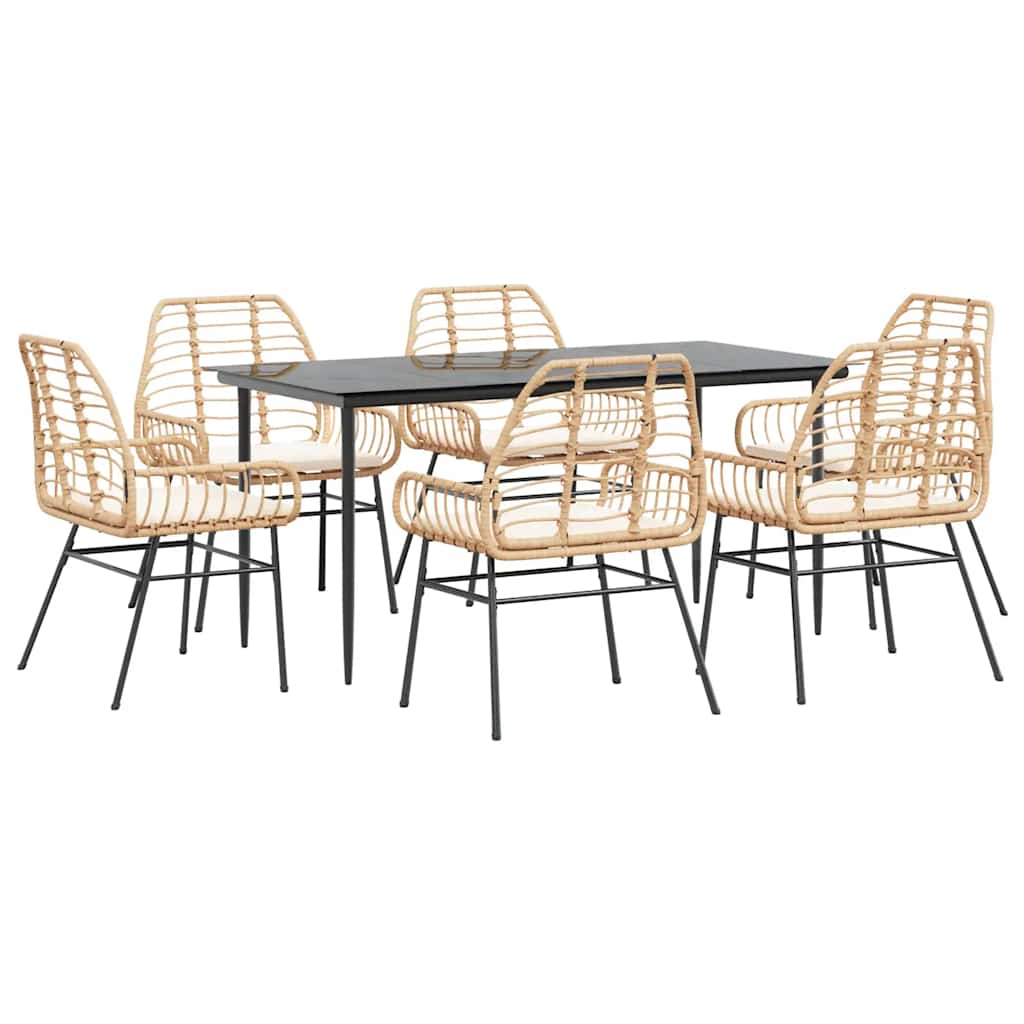 Set Pranzo da Giardino 7pz con Cuscini Marrone Polyrattan Vetro