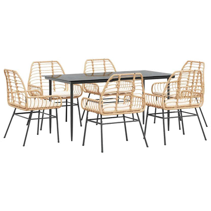 Set Pranzo da Giardino 7pz con Cuscini Marrone Polyrattan Vetro