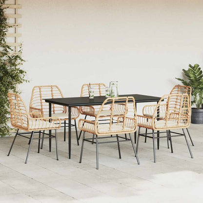 Set Pranzo da Giardino 7pz con Cuscini Marrone Polyrattan Vetro