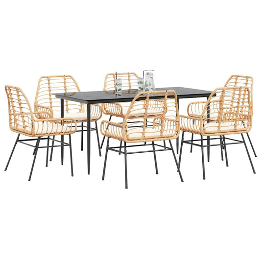 Set Pranzo da Giardino 7pz con Cuscini Marrone Polyrattan Vetro