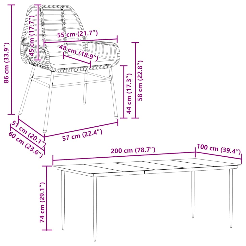 Set Pranzo da Giardino 7pz con Cuscini Marrone Polyrattan Vetro
