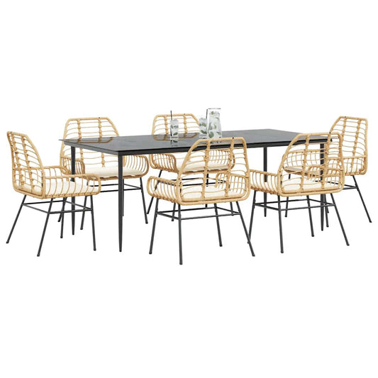 Set Pranzo da Giardino 7pz con Cuscini Marrone Polyrattan Vetro