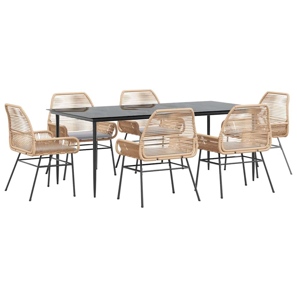 Set Pranzo da Giardino 7pz con Cuscini Marrone Polyrattan Vetro