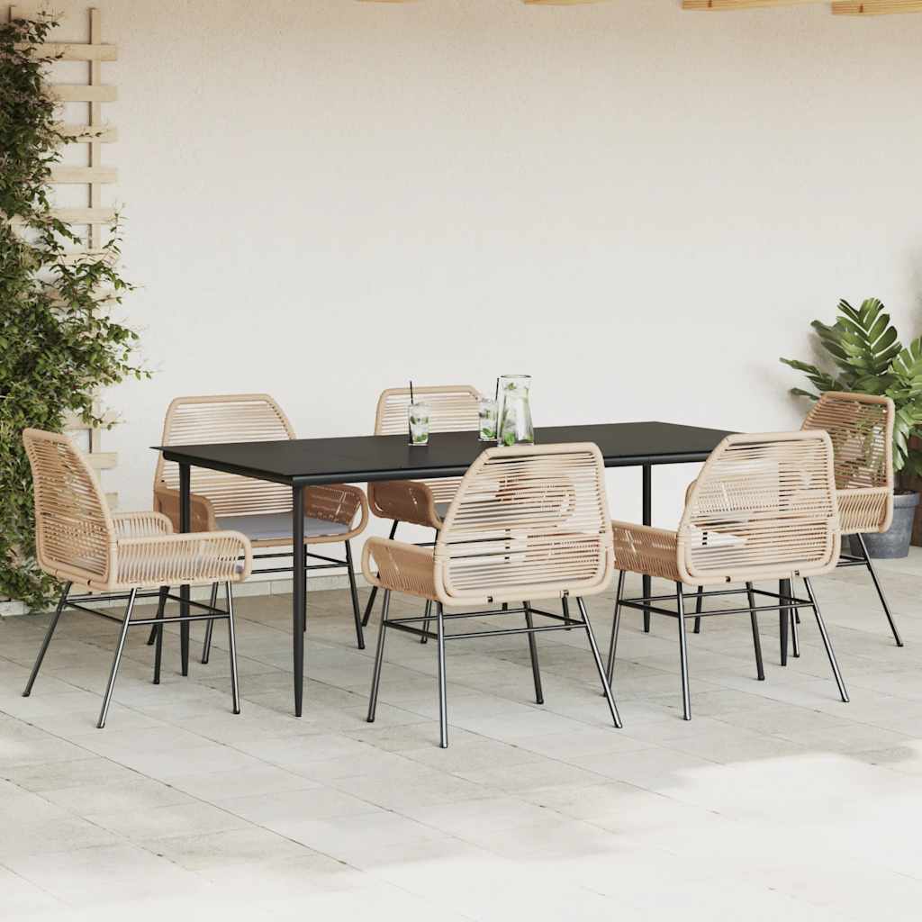 Set Pranzo da Giardino 7pz con Cuscini Marrone Polyrattan Vetro