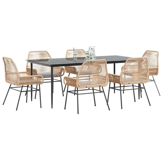 Set Pranzo da Giardino 7pz con Cuscini Marrone Polyrattan Vetro