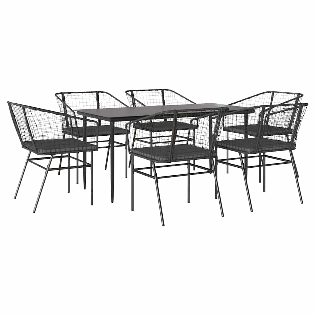 Set Pranzo da Giardino 7 pz Nero con Cuscini Polyrattan Vetro