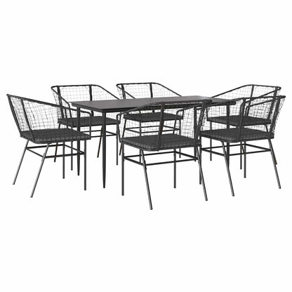 Set Pranzo da Giardino 7 pz Nero con Cuscini Polyrattan Vetro
