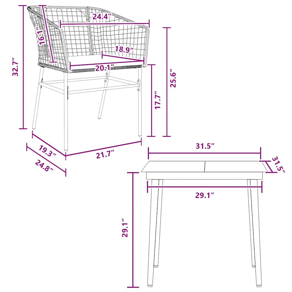 Set da Pranzo da Giardino 3pz con Cuscini Polyrattan Vetro | homemem39