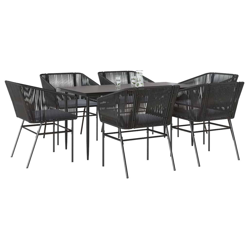 Set Pranzo da Giardino 7 pz Nero con Cuscini Polyrattan Vetro | homemem39