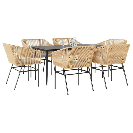 Set Pranzo da Giardino 7pz con Cuscini Marrone Polyrattan Vetro