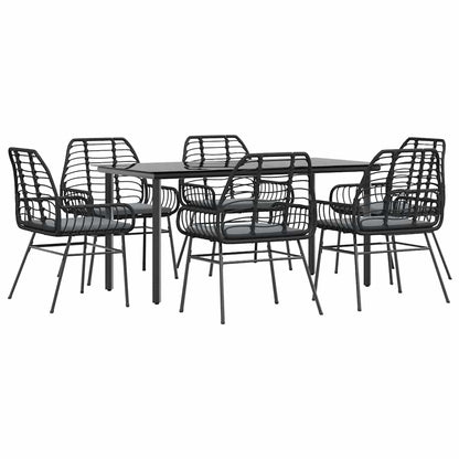 Set Pranzo da Giardino 7 pz Nero con Cuscini Polyrattan Vetro