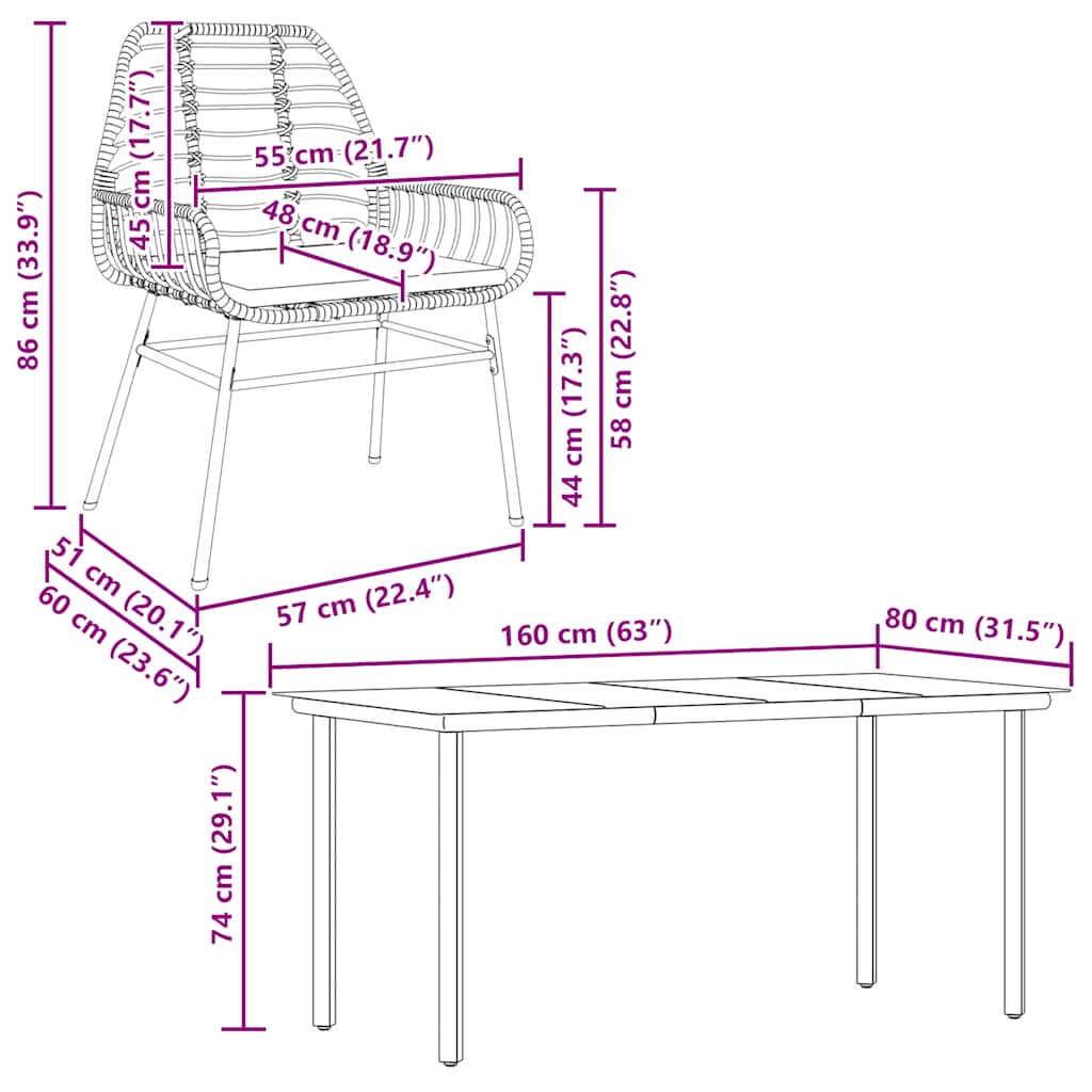 Set Pranzo da Giardino 7 pz Nero con Cuscini Polyrattan Vetro