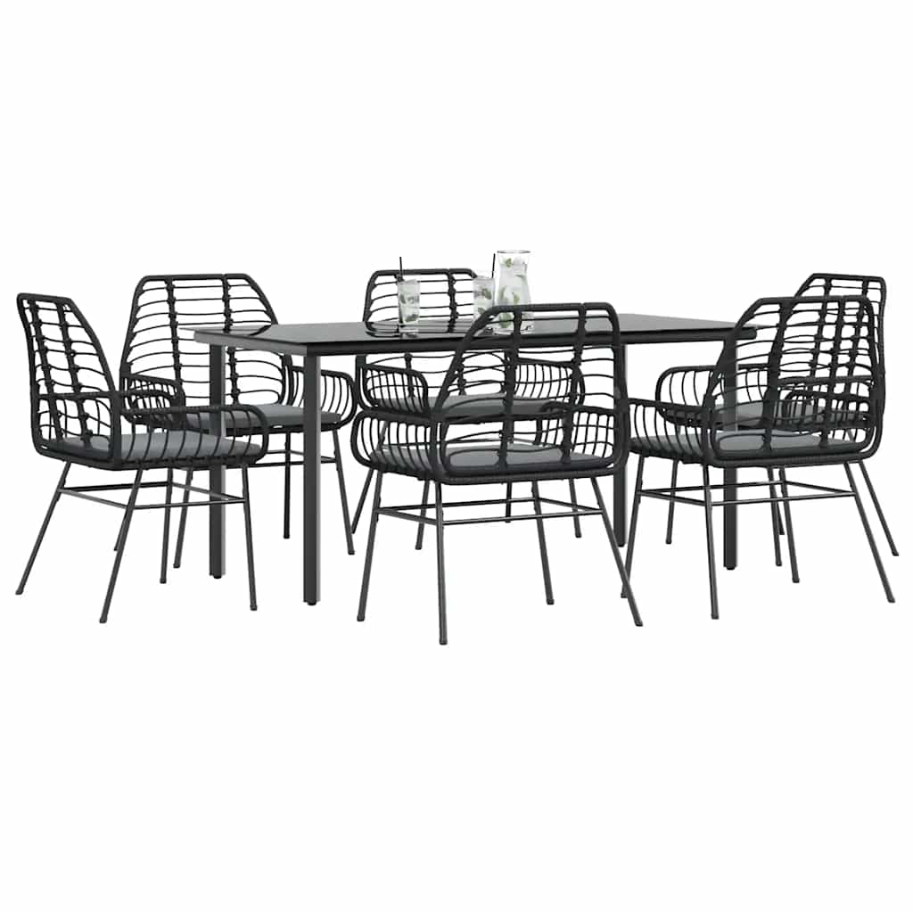 Set Pranzo da Giardino 7 pz Nero con Cuscini Polyrattan Vetro