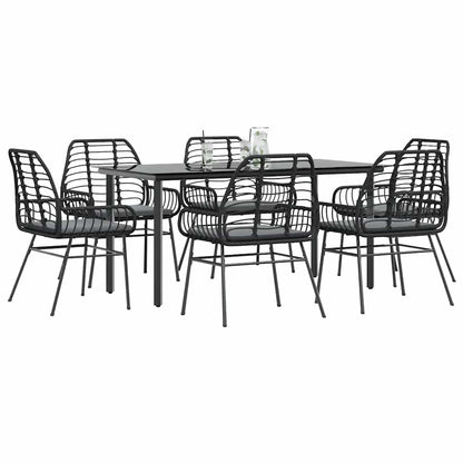 Set Pranzo da Giardino 7 pz Nero con Cuscini Polyrattan Vetro