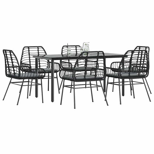 Set Pranzo da Giardino 7 pz Nero con Cuscini Polyrattan Vetro