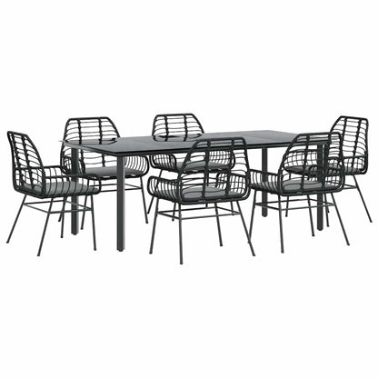 Set Pranzo da Giardino 7 pz Nero con Cuscini Polyrattan Vetro