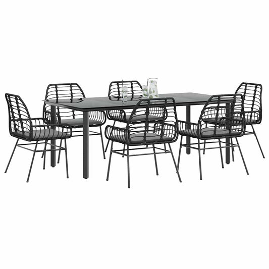 Set Pranzo da Giardino 7 pz Nero con Cuscini Polyrattan Vetro