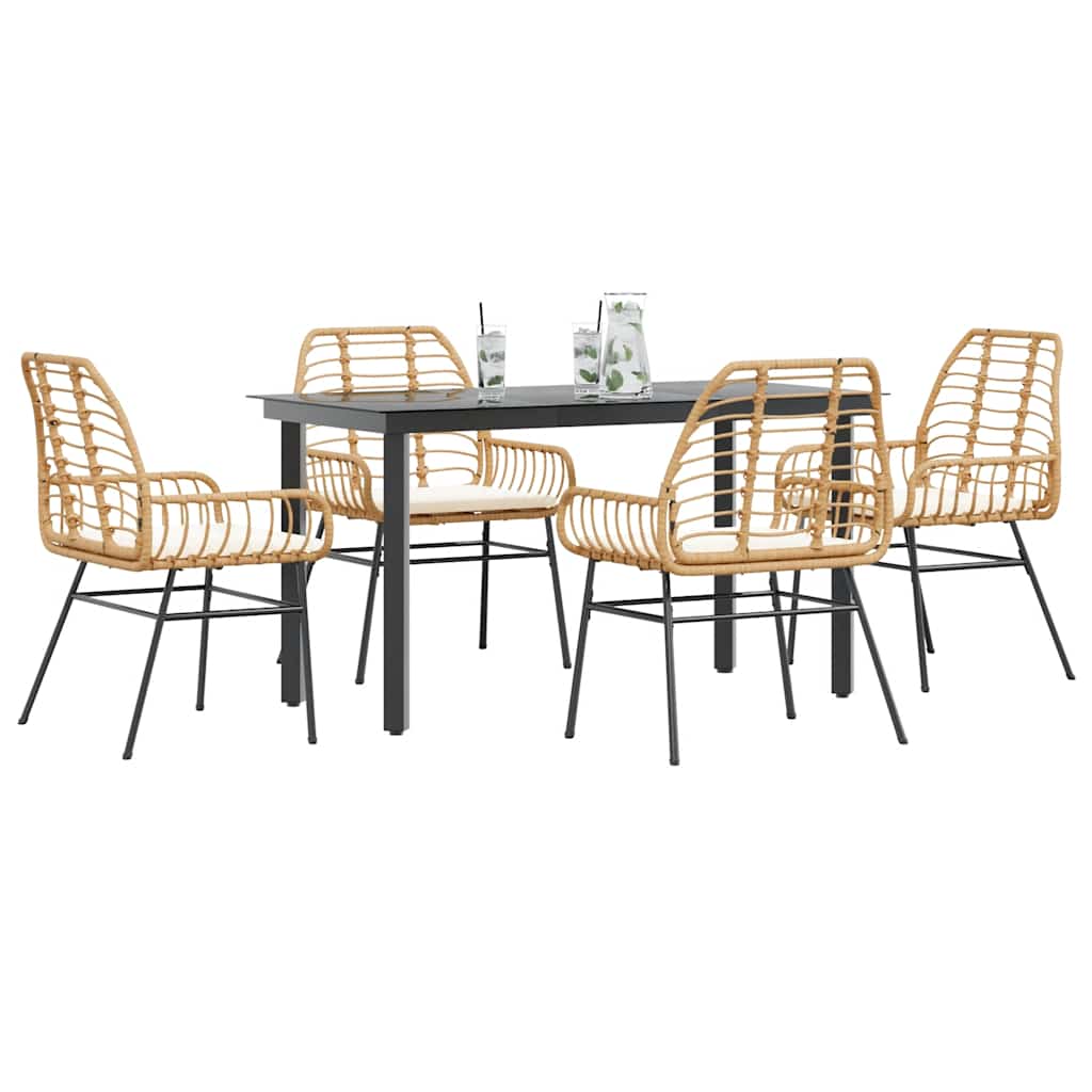 Set da Pranzo da Giardino 5pz con Cuscini Polyrattan Vetro
