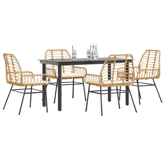 Set da Pranzo da Giardino 5pz con Cuscini Polyrattan Vetro