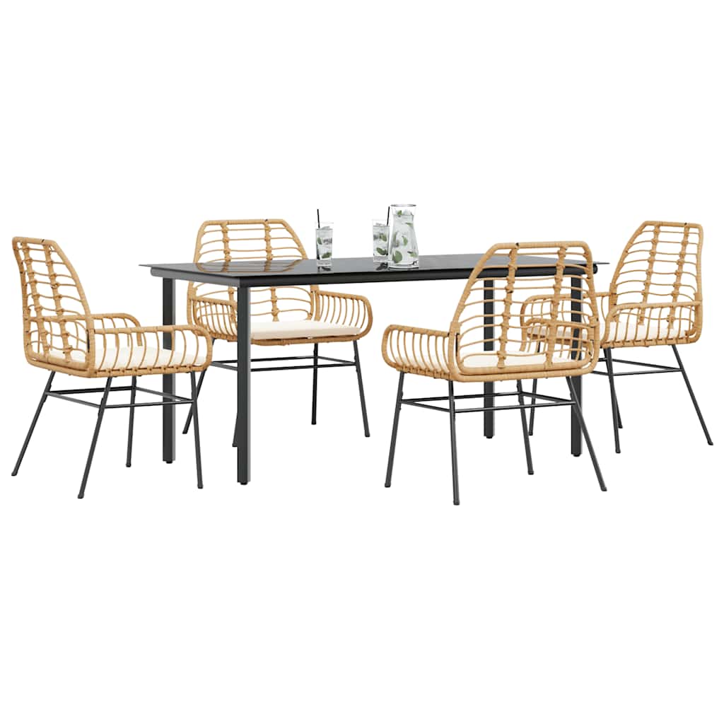 Set da Pranzo da Giardino 5pz con Cuscini Polyrattan Vetro